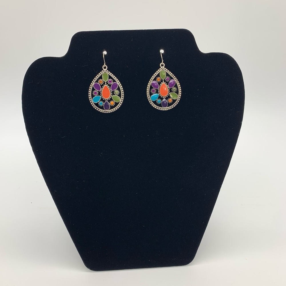 Silver Tone Colorful Enamel Rhinestones Teardrop Vtg. Dangle Drop Earrings